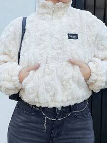 NegzBox Women's Casual Zip-Up Stand Collar Fuzzy Sweatshirt, Apricot Color, Autumn/Winter - Apricot - View 3