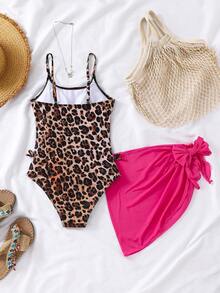 SHEIN 少女蓝白度假风碎花侧边蝴蝶结装饰休闲连体泳衣带罩裙 - 玫紅色 - 查看 2