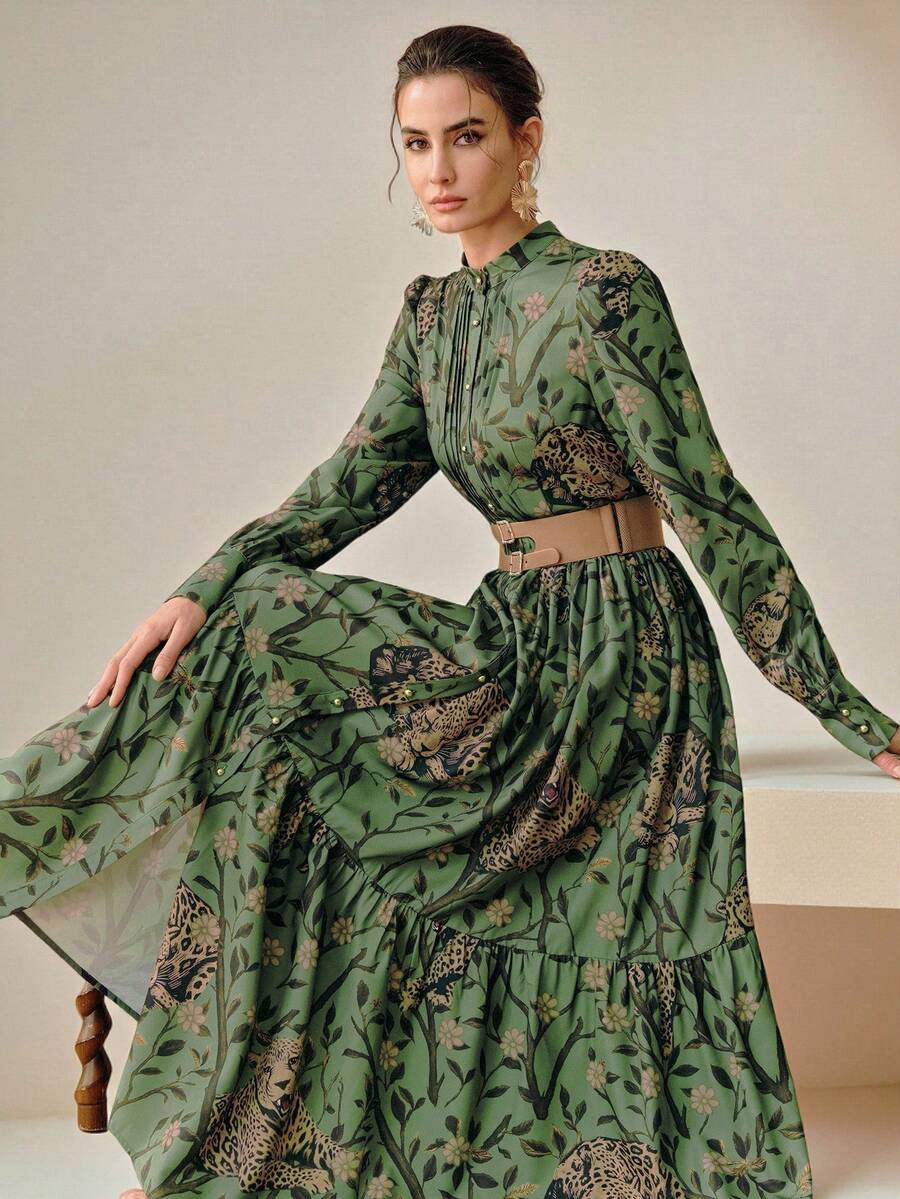 Anewsta Spring New Women's Dress With Belt, Leopard Print Design, Commuter Style - Army Green - View 1