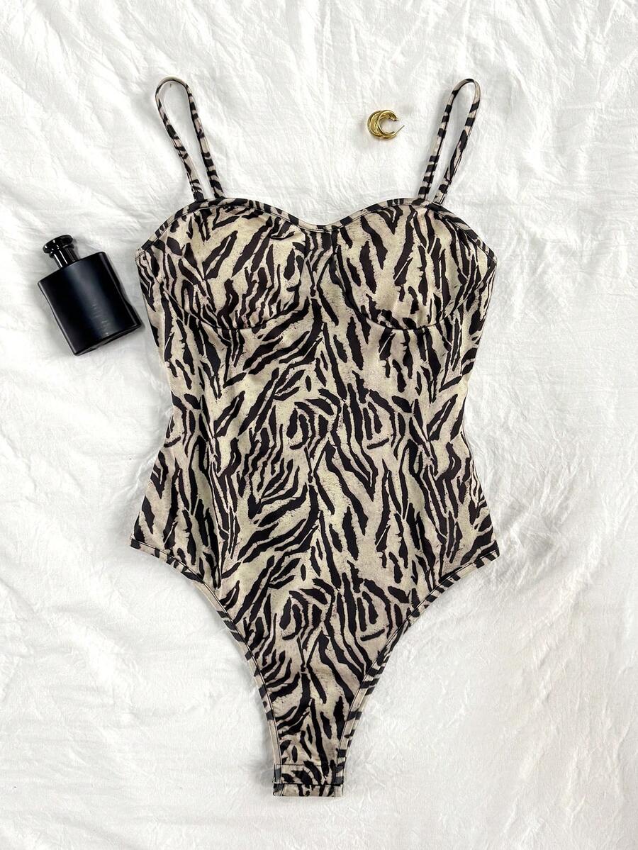 INAWLY Women's All-Over Print Casual Versatile Daily Wear Bodysuit - Khaki - View 1