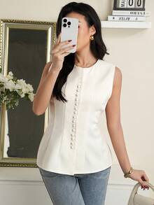 Modelyn Áo vest nữ dáng suông đơn giản, màu trơn, thích hợp mặc đi làm hàng ngày, kiểu dáng mùa hè. - trắng - Xem 4