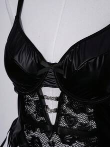 SHEIN بودي سويت شفاف مزين بالدانتيل مقاس كبير للنساء - الأسود - مشاهدة 4