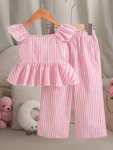 SHEIN 2pcs/Set Young Girl Fashion Cute Pink Striped Collar Ruffle Bow Back Blouse & Loose Woven Wide Leg Pants Set - Pink - View 2