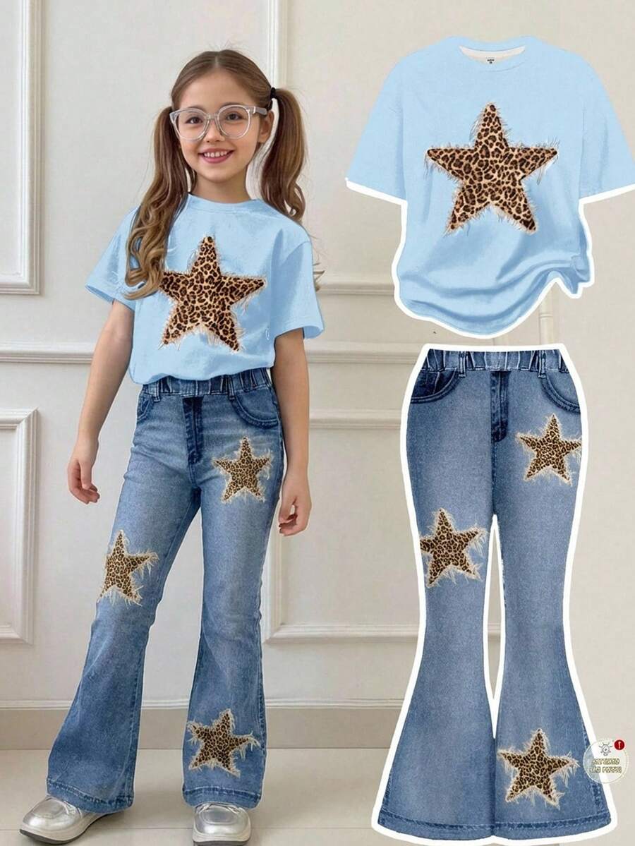 Bộ đồ 2 món cho bé gái tuổi teen, kiểu dáng thường ngày, họa tiết da báo và ngôi sao, gồm áo thun cổ tròn tay ngắn dáng rộng và quần ống loe, thích hợp cho mùa thu. - trắng - Xem 1