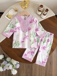 SHEIN 2pcs Baby Girls Unisex Baby Girl 0-3 Years Spring/Summer/Autumn Purple Floral Trim Pullover Top And Matching Pants Set, Suitable For Outings, Casual Wear, Party Occasions,Baby Girls Clothes,Girls Outfit Sets,Traditional Arabic Outfit,Baby Girl Floral Set,Toddler Girls Outfit Sets Traditional Arabic Clothing,Flowery And Trousers For Toddlers,Middle Eastern Traditional For Girls, Baby Girls Summer Outings - Purple - View 6