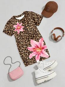 春夏秋季女童休闲时尚创意个性清新简约豹纹百合花印花舒适短袖T恤裙，温暖舒适的夏秋款式，适合春夏秋季穿着。 - 彩色 - 查看 4