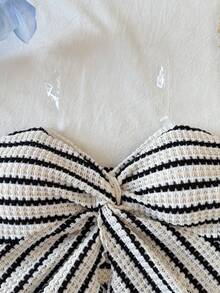 SHEIN Tween Girl Striped Twist Ruched Asymmetric Hem Fashionable Versatile Party Wear Top - Black and White - View 4