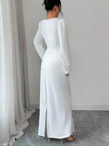 Elenzga Vestido ajustado largo de Body con diseño de cintura, cuello en V y mangas abullonadas con volantes elegantes para mujer, primavera - Blanco - Ver 4