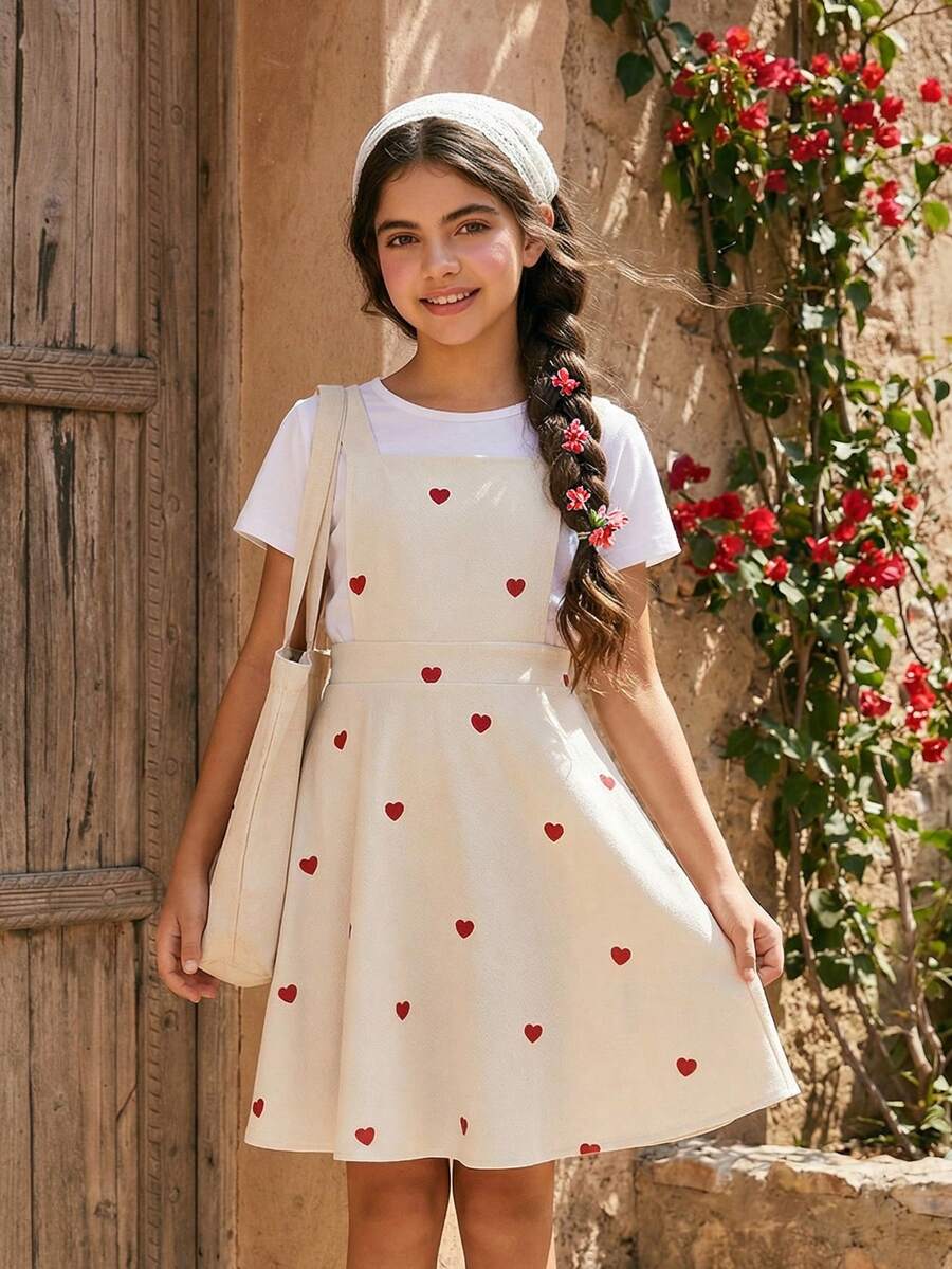Tween Girls' Casual Heart Print Summer Dress - Apricot - View 1