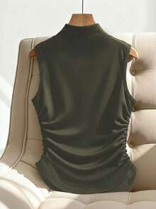 Lumivelle 休闲时尚金属装饰腰部褶皱修身吊带背心橄榄绿女式无袖上衣深绿色上衣军绿色上衣女式上衣正装 - 軍綠色 - 查看 2