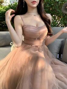 DAZY 女士蕾丝面料吊带芭蕾舞裙，饰有蝴蝶结，修身薄纱连衣裙 - 藕粉色 - 查看 6