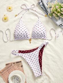 Swim Mod Bộ bikini nữ mùa hè mới, thời trang đi nghỉ mát bên bờ biển, ngọt ngào, dễ thương, họa tiết chấm bi tương phản, hai mặt, kiểu buộc dây cổ sau lưng, gợi cảm. - Đỏ và trắng - Xem 3