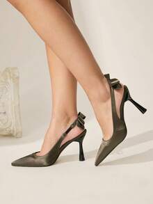 CUCCOO CHICEST 女士时尚尖头低帮细高跟后跟蝴蝶结装饰露跟优雅舒适浅口鞋，适合春秋季晚宴派对，黑色，圣诞节适用 - 軍綠色 - 查看 4