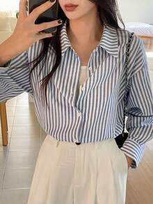 DAZY Blue Striped Casual Design Office/Commute Long Sleeve Shirt For Women, Spring/Summer, Valentine's Day