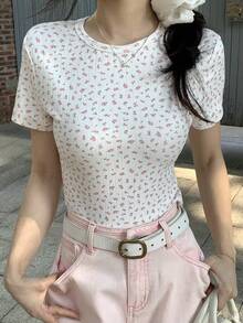 DAZY Áo thun ngắn tay dáng rộng, thoải mái, họa tiết hoa nhí dành cho nữ, thích hợp cho mùa xuân, mùa hè, kỳ nghỉ, đi biển, ngày Valentine. - trắng - Xem 7