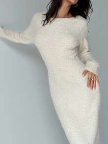 Aloruh Noua casă pentru femei Ocazional Zilnic Guler cu umeri înclinați Linie de cuvinte Călduță, subțire, cu mâneci lungi, tricotate de pluș, rochii albe de pulover, toamnă/iarnă - alb - Vizualizare 5