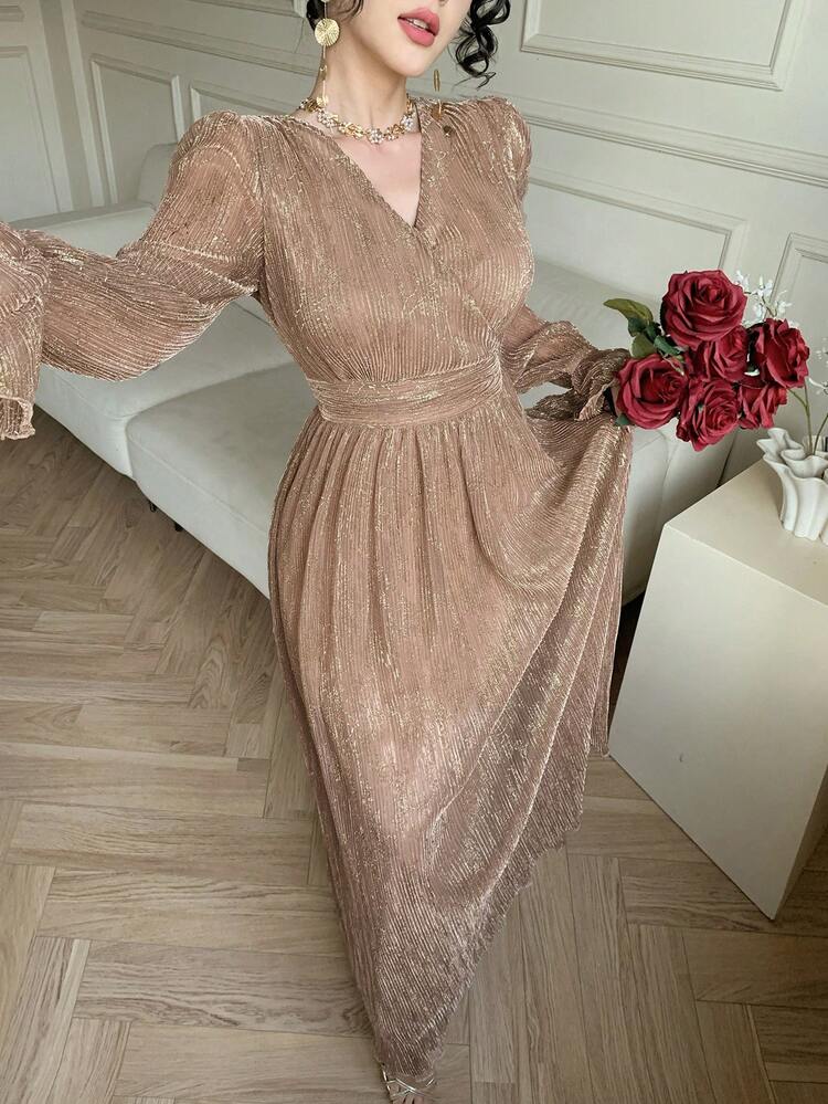 Spring & Summer Gold Shiny Organza V-Neck Waist Cinched Ruffle Hem Cocktail Dress, Elegant For Valentine's Day, Wedding, Party, Formal Occasion Sundress