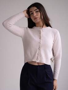 Andrea Bello 女士优雅简约百搭开衫 - 米色 - 查看 4