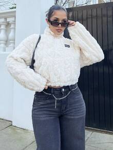 NegzBox Women's Casual Zip-Up Stand Collar Fuzzy Sweatshirt, Apricot Color, Autumn/Winter - Apricot - View 5