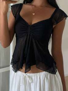 SHEIN EZwear Women's Summer Ruched Bust Mesh Ruffle Sleeve T-Shirt - Black - View 6