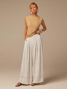 COSMINA Women's Pleated Pocket Design Linen Pants, Suitable For Summer Vacation, Beach, Apricot Color, Wide Leg Casual Wear Women's Summer Pants Bohemian Pleated Wide Leg Pants Wide Leg Pants Women High Waist Palazzo Pants Palazzo Pants Women - Apricot - View 5