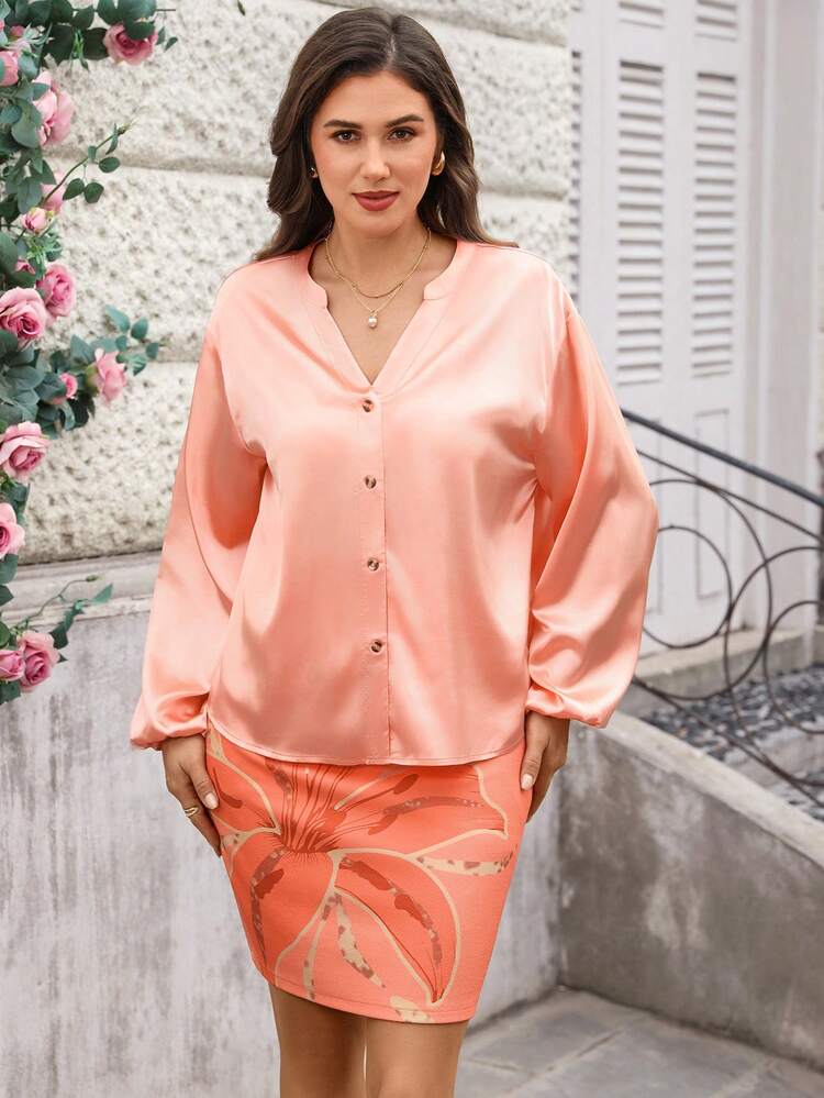 Plus Size Women's Elegant Elegant Vacation Style Solid Color Notched Collar Lantern Sleeve Top And Floral Print Skirt 2-Piece Set, Spring/Summer/Autumn Shirt And Skirt Set Sunset Colors Outfit Lantern Sleeve Blouse Orange Blouse