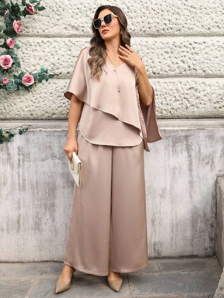 Plus Size Elegant Commuter Solid Color Asymmetric Shirt & Pants 2 Pieces Set For Summer/ Vacation Wide Leg Pants Set Two Piece Set Women Elegant Women Matching Sets Summer Outfits