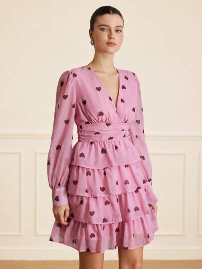 Aveloria Rosie Autumn/Winter New Fashion Versatile Pink Series Random Heart Print Ruched V-Neck Layered Ruffle Hem Chiffon Long Sleeve Dress, Suitable For Valentine's Day