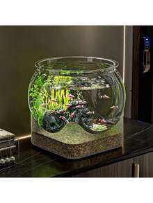 1 Piece Of Sturdy Transparent Round Fish Tank, A Desktop Aquarium Resistant To Breakage And Tipping, Suitable For Turtles And Small Fish. Natural Stone Design, Versatile Indoor/Outdoor Decorative Fish Tank - Multicolor - View 8