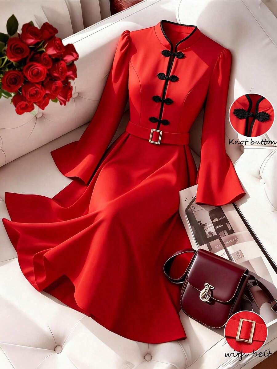 SHEIN Franclia Đầm đỏ Franclia - Đầm chữ A tay xòe thanh lịch với cúc cài trang trí, thắt eo, phù hợp cho đi làm, công sở, hẹn hò lãng mạn kiểu Pháp, dự tiệc, Giáng sinh, tay dài. - Đỏ - Xem 1