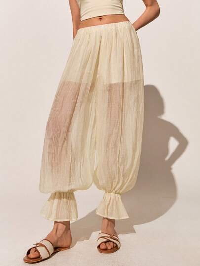 Poéselle Women's Beige Yellow Elastic Waist Sheer Casual Latern Pants, Beach Pants,Vacation Outfits Women,Holiday Outfits For Women ,Summer Outfits For Women,Spring/Summer