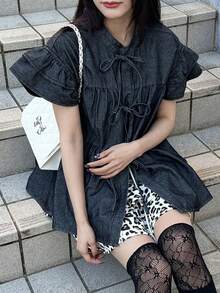 FRIFUL Women's Ruffle Sleeve Tie Front Denim Blouse - Dark Grey - View 6