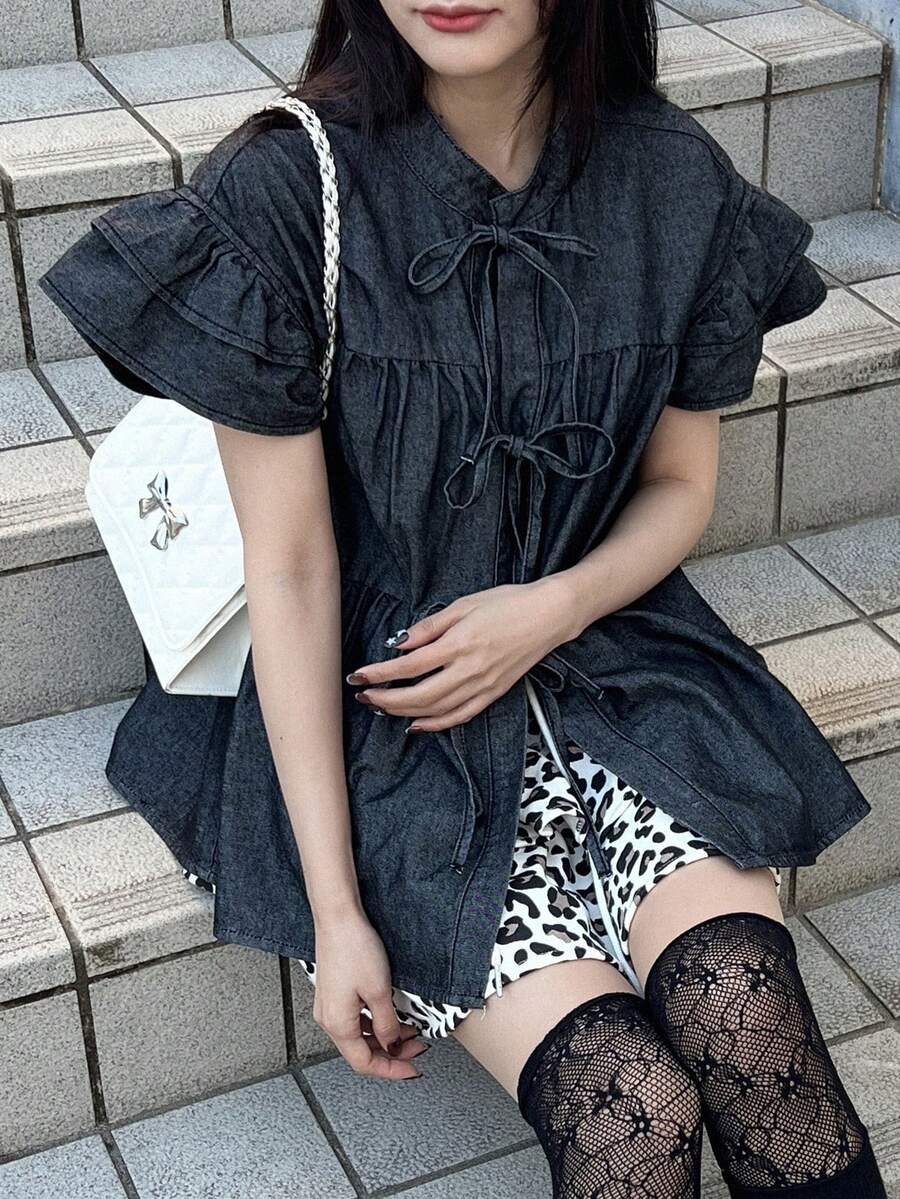 FRIFUL Blusa de mezclilla con mangas con volantes y lazo delantero para mujer - Gris Oscuro - Ver 1