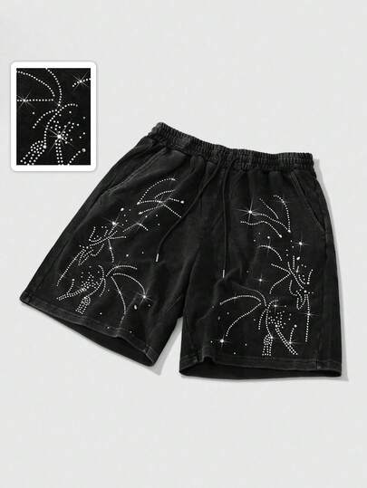 Street Life Men's Rhinestone Decor Shorts, Suitable For Everyday Wear, Spring/Summer