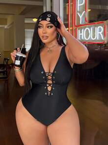 Swim SXY Plus Size Women's One-Piece Drawstring Sexy Backless Swimsuit, Suitable For Vacation And Party - Black - View 7