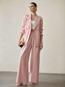 MOTF PREMIUM 2PCS WOMEN'S FASHIONABLE WAIST CINCHED BLAZER AND WIDE LEG SUIT PANTS, PINK - Pink - View 8