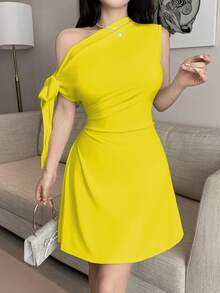 Celisse 女士不对称系带腰部短裙 - 芥末黃 - 查看 6