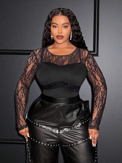 Slaydiva 2025 Autumn/Winter New Sexy Party & Birthday Party & Evening Party & Banquet & Date & Elegant & Bachelorette Party & Graduation Season & Wedding Season & Gathering & Valentine's Day Sexy Fitted Solid Black Sheer Lace & Knit Stretch Patchwork Long Sleeve Plus Size Sexy Bodysuit - G