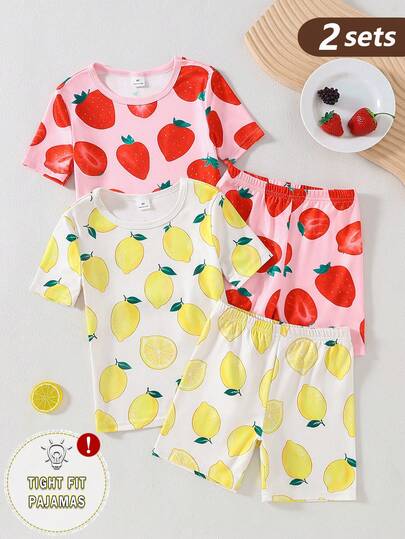 4pcs Young Girl' Ditsy Floral Contrast Collar Snug Fit Short Sleeve Shorts Pajama Set