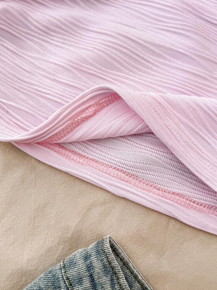 Camiseta corta de hombros descubiertos con textura y volantes elegante y casual para niña preadolescente de vacaciones - Beis - Añade 5