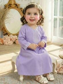 女婴长袖中东传统印花长袍连衣裙，紫色 - 紫色 - 查看 1