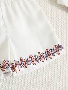 SHEIN 2pcs Baby Boys Vintage Floral Print Mandarin Collar Short Sleeve Shirt And Shorts Set, Spring/Summer - White - View 5