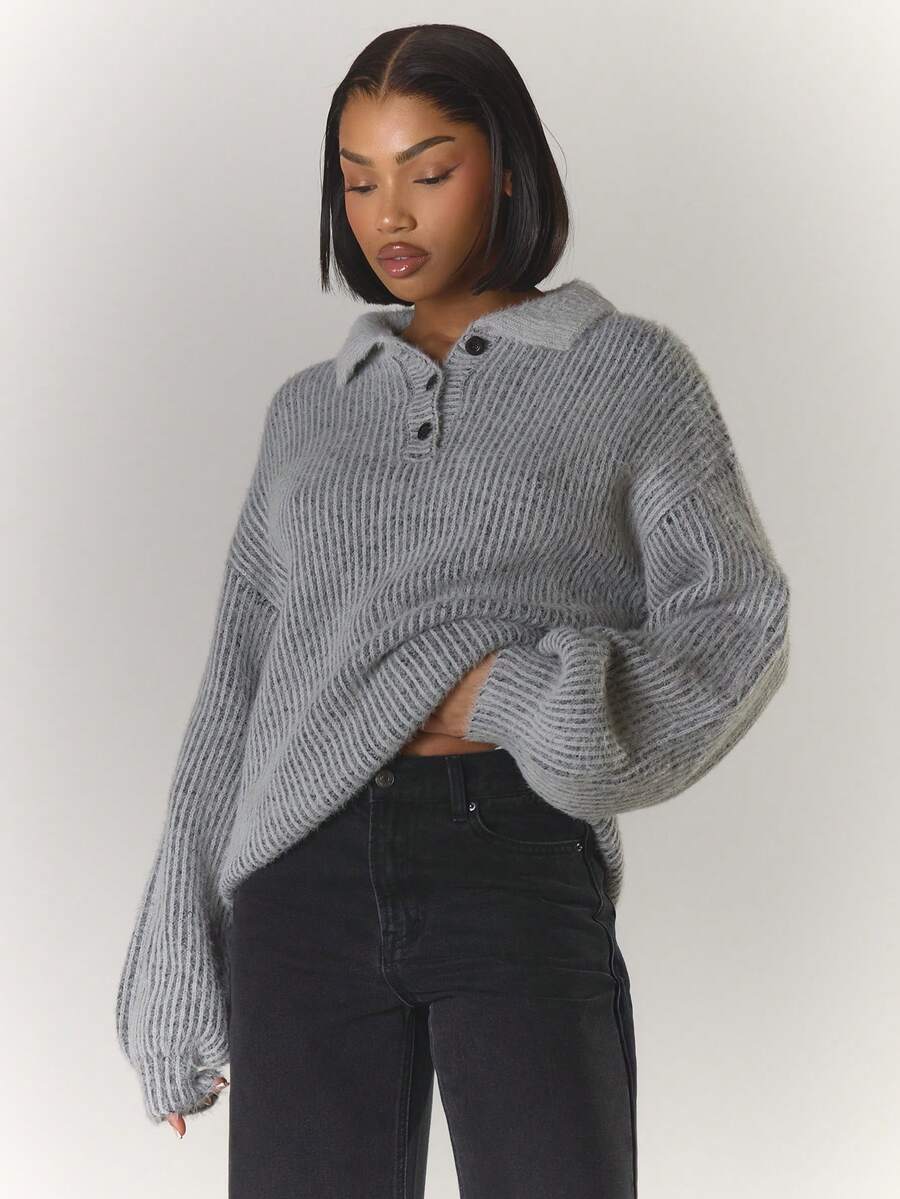 MUSERA Two Tone Mohair Knit Collar Oversized Button Detail Jumper Cool Girl, Streetstyle, Cute, , , Winter Spring - Black - View 1