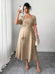 SHEIN Elenzya Đầm midi nữ cỡ lớn, màu trơn, cổ vuông, tay ngắn, họa tiết hoa 3D, thanh lịch và độc đáo, thích hợp mặc hàng ngày và đi làm. - Màu be - Xem 4