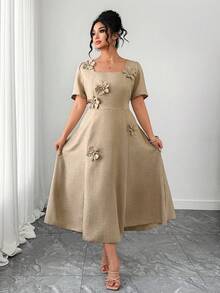 SHEIN Elenzya Đầm midi nữ cỡ lớn, màu trơn, cổ vuông, tay ngắn, họa tiết hoa 3D, thanh lịch và độc đáo, thích hợp mặc hàng ngày và đi làm. - Màu be - Xem 6