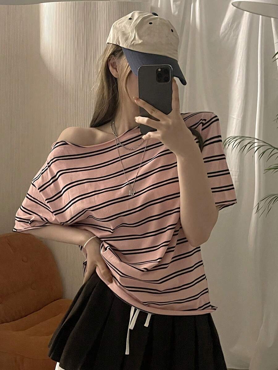 DAZY 女士粉色条纹宽松不对称肩部T恤 - 粉色 - 查看 1