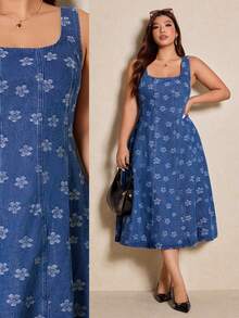 Elaquor Đầm denim cạp chun eo họa tiết hoa không tay cổ vuông thời trang cỡ lớn - Màu xanh lam - Xem 1