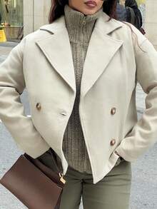 NegzBox Apricot Double-Sided Notched Collar, Double-Breasted Button, Pocket Long Sleeve Short Coat, Fashionable For Commuting, Office, Casual, Elegant Retro Style, Suitable For Autumn/Winter - Apricot - View 3