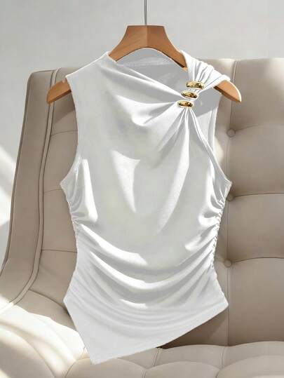 Lumivelle Women's Summer Vacation Tank Top Casual Fashionable Metal Decor Waist Ruched Slim Fit Tank Top White Sleeveless Top White Sexy Top White Elegant Top Women Tops Elegant