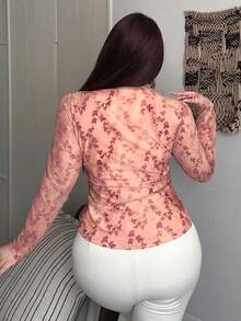 Dazy Plus Maglietta chiffon elegante a maniche lunghe con scollo a V, con inserti in pizzo, per donna taglie forti, primavera/estate - Rosa antico - Visualizzare 4